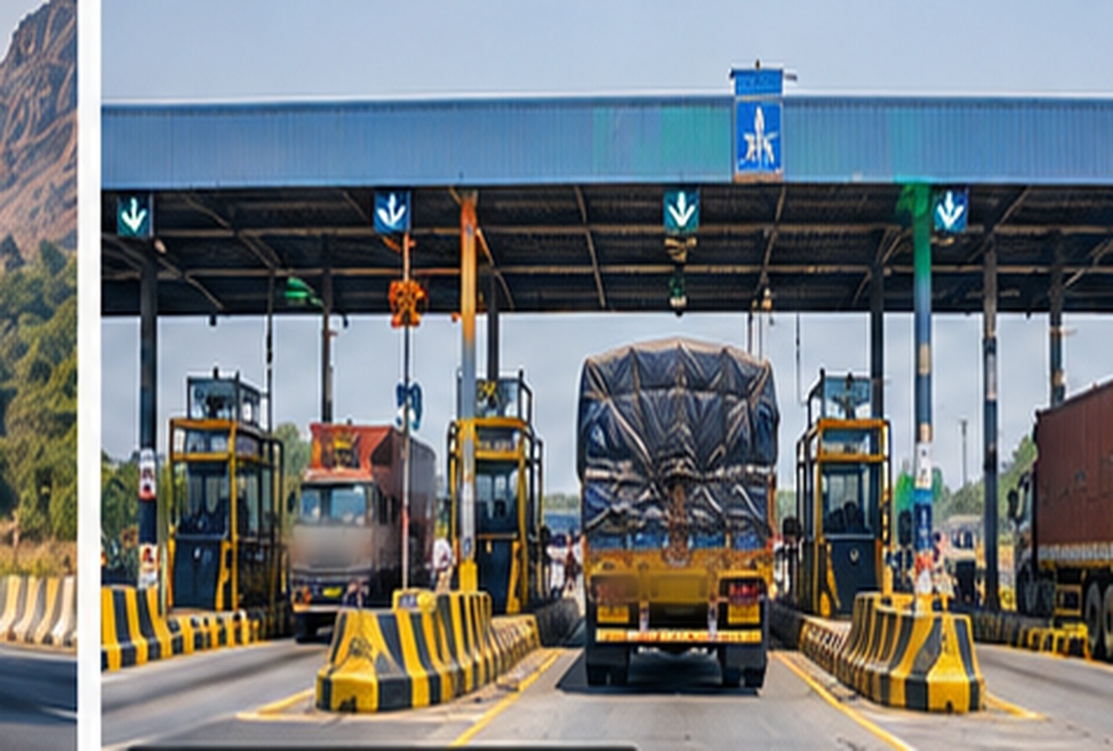 Vehicles passing through a highway toll plaza