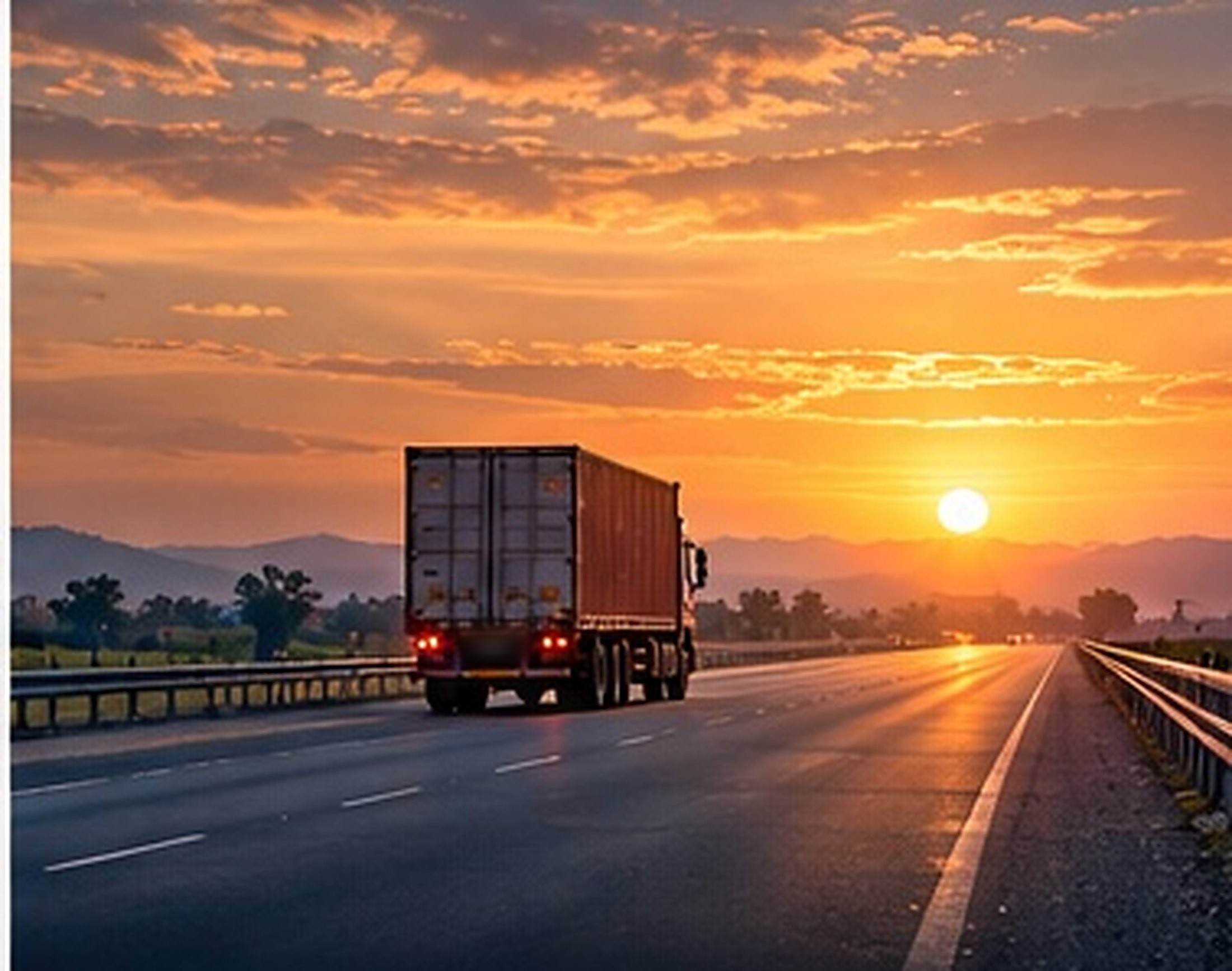 Commercial truck driving on an Indian highway at sunset